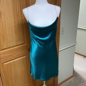 Double Zero Teal Satin Slip Dress with Cowl Neck